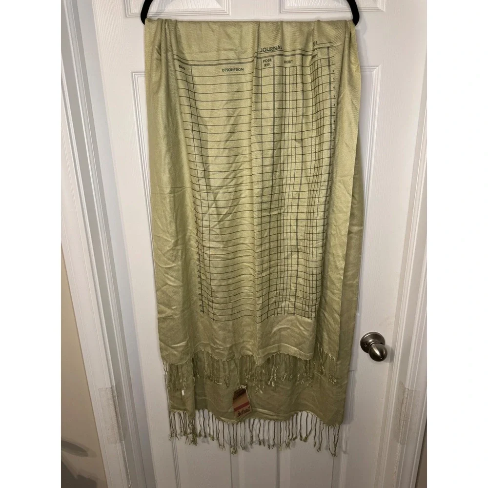 Handmade in Detroit Accounting Ledger Scarf Sage Green Pashmina Fringe Wrap NWT
